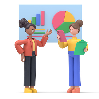 3D illustration of cartoon characters  pointing finger at charts, diagrams, infographics and graph dashboard. Cute cartoon characters  generating ideas, analytics, business strategy.