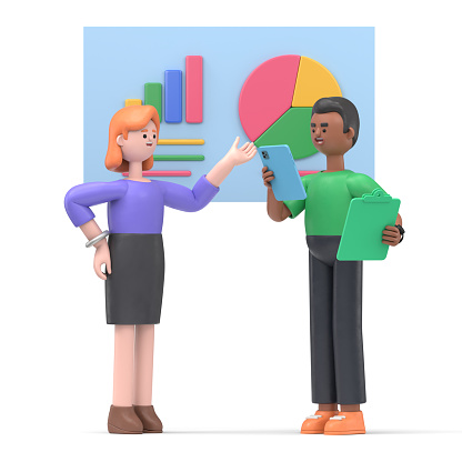 3D illustration of cartoon characters  pointing finger at charts, diagrams, infographics and graph dashboard. Cute cartoon characters  generating ideas, analytics, business strategy.