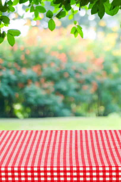 istock Empty table with red and white tablecloth over blurred park nature background, for product display montage, spring and summer 1398772779