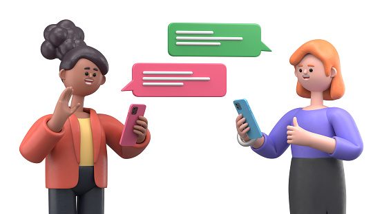 3D illustration of two cartoon characters send messages to each other with their mobile phones.3D rendering on white background.