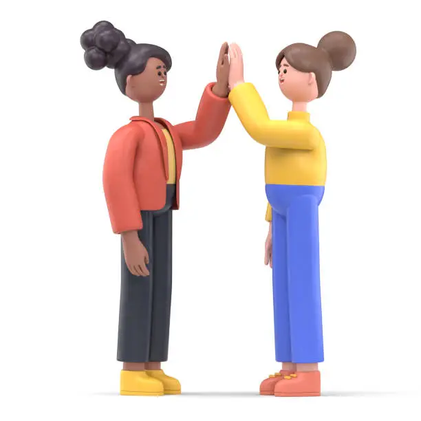 3D illustration of cartoon characters informal greeting. Happy cheerful cartoon characters giving high five.Business peoples working together. Successful partnership, friendship and cooperation.