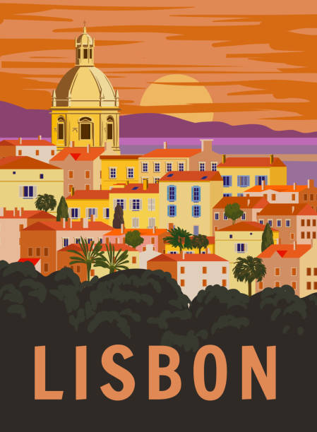 ilustrações de stock, clip art, desenhos animados e ícones de lisbon vintagetravel poster. portugal cityscape landmark, sea, sunset sky. vector illustration - portugal turismo