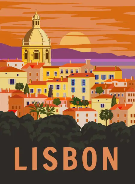 Vector illustration of Lisbon VintageTravel Poster. Portugal cityscape landmark, sea, sunset sky. Vector illustration