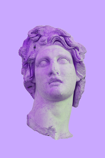 Collage art of classic statue. Vaporwave style background. Sculpture with neon purple colors in minimalism.