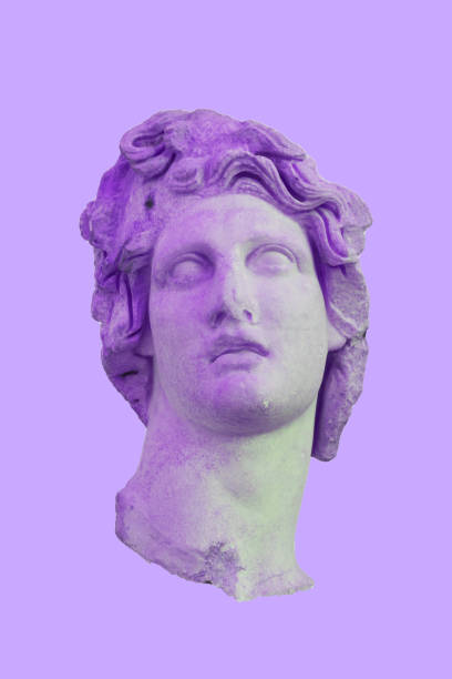 Collage art of classic statue. Vaporwave style background. Sculpture with neon purple colors in minimalism. stock photo