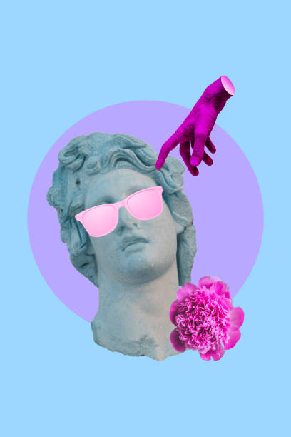 Collage art of classic statue with pink sunglasses, flower and pink hand. Vaporwave style background. Sculpture in neon purple and blue colors in minimalism. stock photo