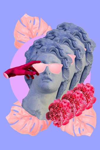 Collage art of classic statue with pink sunglasses, flowers and hand. Vaporwave style background. Sculpture in neon blue colors.