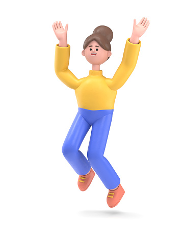 3D illustration of smiling woman Angela jumping celebrating success. Cartoon winning businessman with his hands in the air,3D rendering on white background.