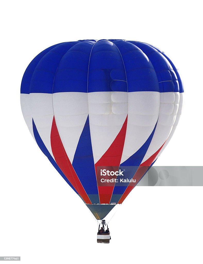 Hot air balloon (with clipping path) A red, white and blue hot-air balloon, with passengers in the basket, against a white background. Blue Stock Photo