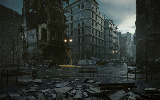 Digitally generated post apocalyptic scene depicting a desolate urban landscape with buildings in ruins at dusk/dawn during a strong rain storm.\n\nThe scene was created in Autodesk® 3ds Max 2022 with V-Ray 5 and rendered with photorealistic shaders and lighting in Chaos® Vantage with some post-production added.