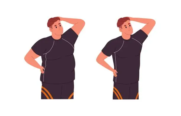 Vector illustration of Weight loss, body transformation concept. Before and after, man figure comparison. Changing, progress, transforming from fat shapes to slim. Flat vector illustration isolated on white background