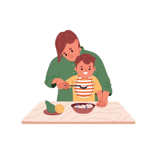 Mom helping kid with food. Mother feeding child from spoon. Happy baby in nib eating healthy nutrition, porridge with berries, sitting at table. Flat vector illustration isolated on white background Mom helping kid with food. Mother feeding child from spoon. Happy baby in nib eating healthy nutrition, porridge with berries, sitting at table. Flat vector illustration isolated on white background. feeding illustrations stock illustrations