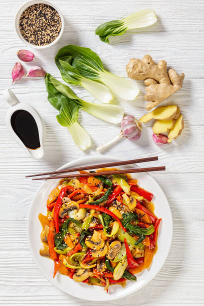 istock Stir Fry Vegetables on white plate, top view 1398776870