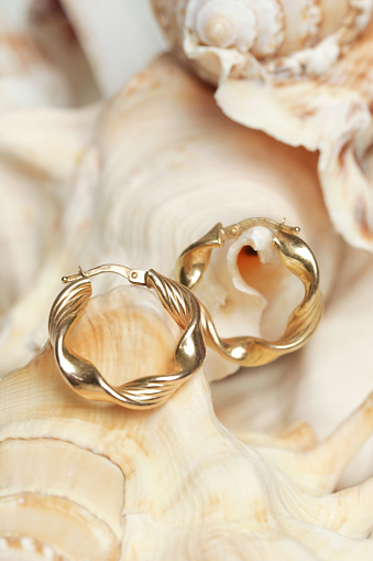 Earrings product shot. Golden hoops on marine shell background. Jewelry fashion photography.