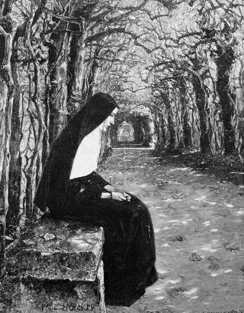 eine nonne sitzt auf einer steinbank in der pergola, seitenansicht - nun stock-grafiken, -clipart, -cartoons und -symbole