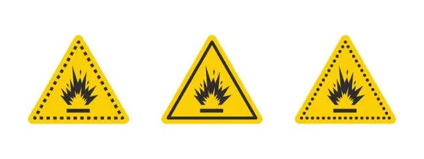 Vector illustration of Blasting area caution warning sign. Warning sign explosives liquids or materials. Explosives substances icons set. Vector icons