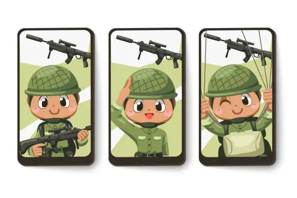 Vector illustration of Card emotion of army soldier man in cartoon character vector