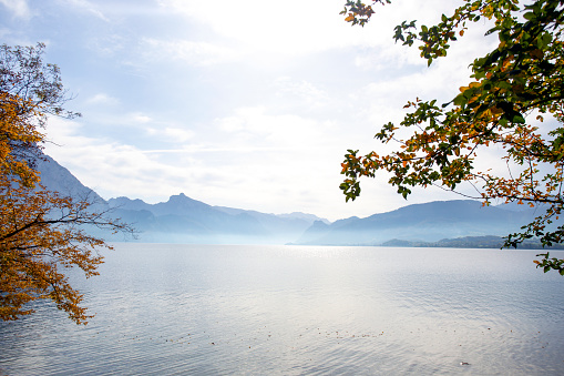 landscape with a beautiful mountain lake. Traunsee, austria.\