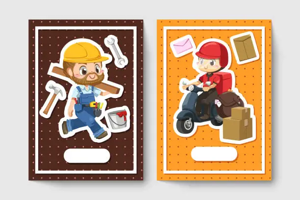 Vector illustration of card of repairman and delivery man in cartoon character vector