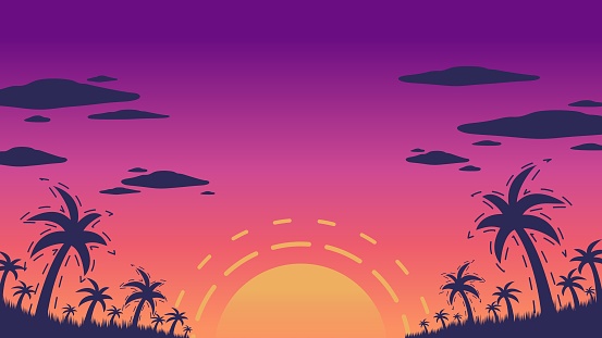 Sunset background with purple and orange sky, big sun in the middle and island with palm, coconut tree in silhouette style vector illustration. Summertime on the beach.