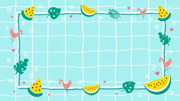 Vector illustration of Summer background with frame decorated with yellow watermelons, tropical plants, flamingos, hearts on blue swimming pool flat vector illustration. Background design for website in summer theme