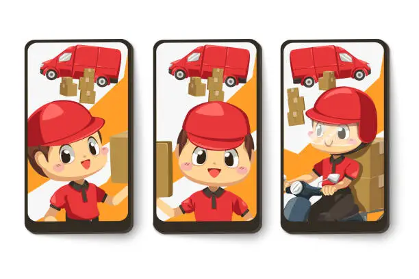 Vector illustration of Card emotion of postman and parcel box in cartoon character