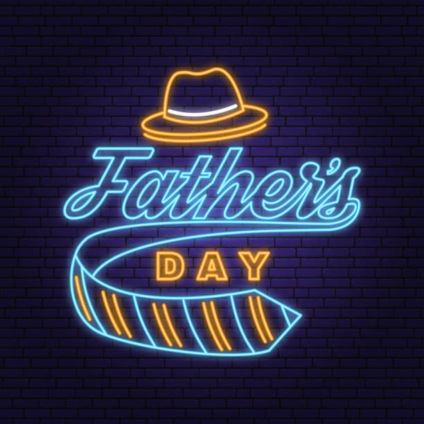 Happy Father's Day badge, logo Neon sign. Vector illustration. Vintage style Father's Day Designs with hipster hat and ties bright signboard, light banner. vector art illustration