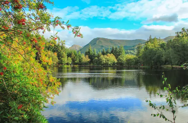 Views of Glencoe Lochan with beautiful reflection in sunny days