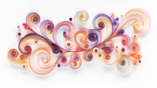 Abstract panel made of colored paper scrolled into curls and rolls. Quilling banner on a white background with copy space. Quilling paper art as a hobby. Abstract panel made of colored paper scrolled into curls and rolls. Quilling banner on a white background with copy space. Quilling paper art as a hobby. paper quilling stock pictures, royalty-free photos & images