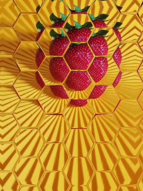 extreme close-up pattern of strawberry fruit with outer skin and seeds in vivid red and scarlet