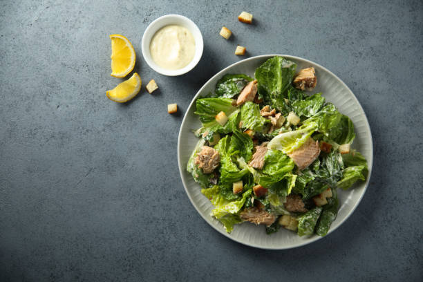 Salmon salad Homemade salad with croutons and salmon caesar salad food salad tuna stock pictures, royalty-free photos & images