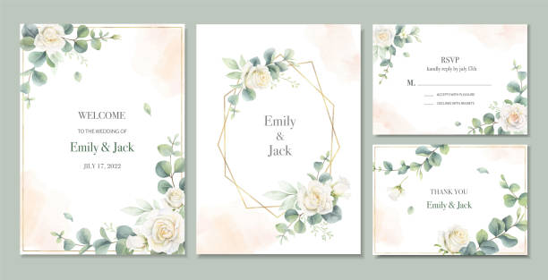 수채화 벡터는 녹색 유칼립투스 잎과 흰 장미의 꽃으로 결혼식 초대장 카드 템플릿 디자인을 설정합니다. - wedding invitation rose flower floral pattern stock illustrations