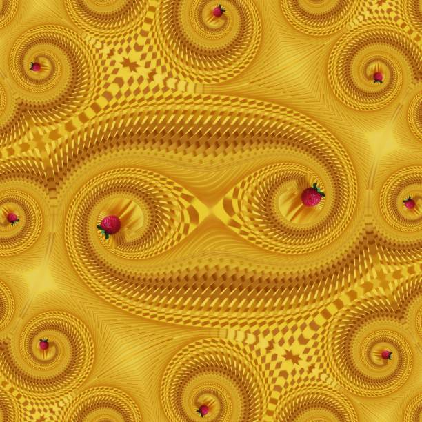modello di frutta fragola di quarta dimensione e design ripetuto dal frattale nei colori oro giallo strutturato - fourth dimension immagine foto e immagini stock