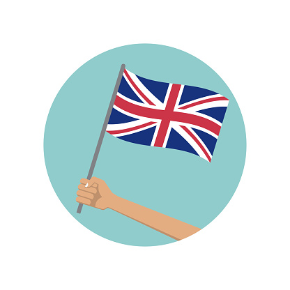 UK waving flag circle icon. Hand holding British flag. National symbol of Great Britain. Vector illustration.