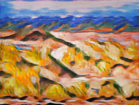 Oil landscape painting showing autumn forest on a beautiful day.