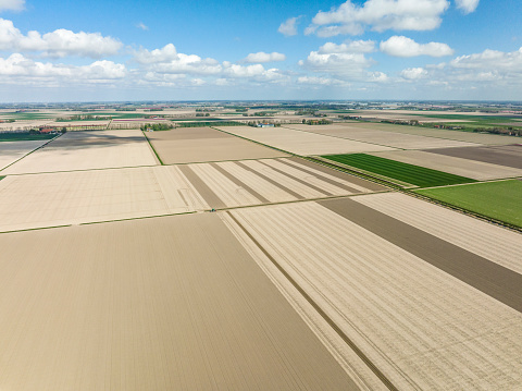 Agricultural fields with prepared soil for planting crops during a sunny and dry springtime day in the Noordoostpolder in Flevoland, Netherlands. Aerial view drone view from above.
