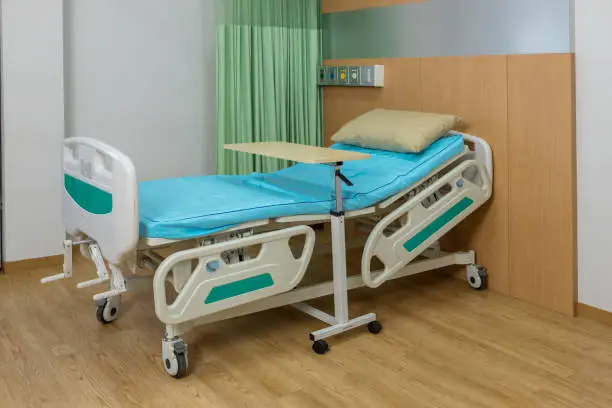 Empty bed in the modern hospital room. deluxe private ward. equipped hospital room. Medical Benefits. Reimbursement and Medical expenses.