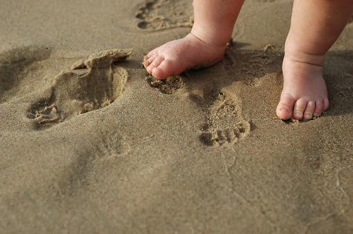 Baby footprints on sandy shoreline
