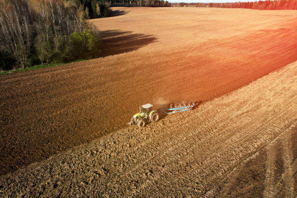 istock Tractor with plow on field cultivating. Green tractor plowing field on sunset. 1398788218