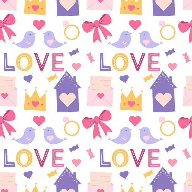 ilustrações de stock, clip art, desenhos animados e ícones de hearts, birds, house, ribbon, envelope with letter. valentine's day. seamless pattern. can be used for wallpaper, fill web page background, surface textures - valentines day house bird contemporary