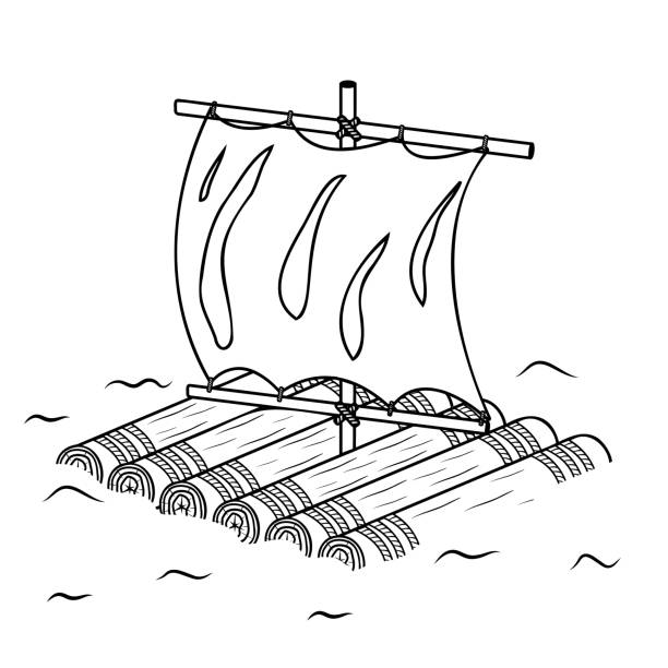 ilustrações de stock, clip art, desenhos animados e ícones de wooden raft with sail, isolated vector illustration black outline sketch doodle - wooden raft