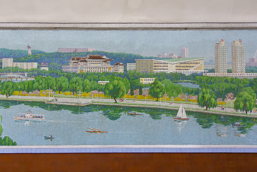 Mosaic at Pyongyang Metro in North Korea. It is built from 1965 to 1987 and it's one of the deepest metros in the world.
