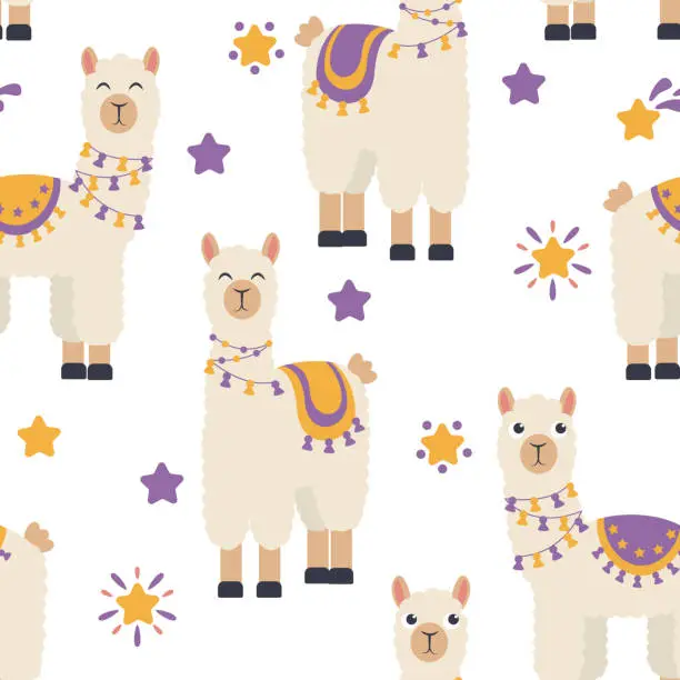 Vector illustration of Cute llama pattern with capes on the back.