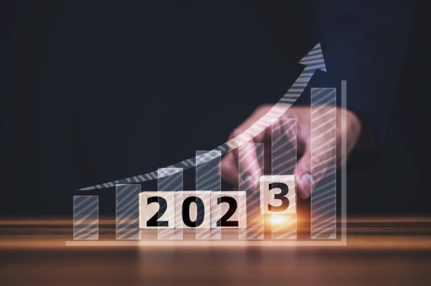 istock Hand hold wood cube 2023 concept and digital chart  visual screen for business growth and development concept 1398791686