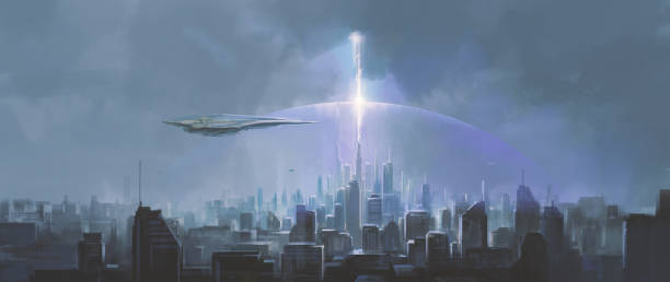 istock The light over the city reaches into the sky, 3D illustration. 1398793623