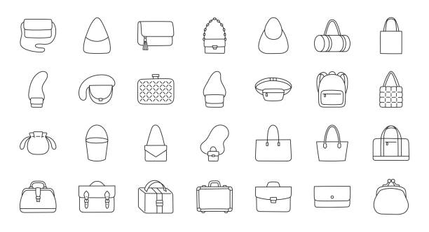 Women bags illustration including icons - purse, handbag, fashion clutch, business briefcase, backpack, leather suitcase, postback, shopper. Thin line art about clothes accessory. Editable Stroke Women bags illustration including icons - purse, handbag, fashion clutch, business briefcase, backpack, leather suitcase, postback, shopper. Thin line art about clothes accessory. Editable Stroke. satchel bag stock illustrations