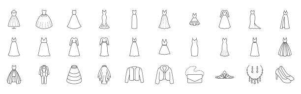 ilustrações de stock, clip art, desenhos animados e ícones de wedding dress doodle illustration including icons - elegant evening gown, groom suit, marriage atelier, plus size fur coat, jacket, crinoline. thin line art about bridal clothes. editable stroke - bride wedding fashion evening gown