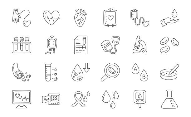 ilustrações, clipart, desenhos animados e ícones de ilustração médica de rabisco de sangue, incluindo ícones - transfusão de plasma, esfigmomanômetro, glucometer, veia, cardiologia, microscópio, tubo de laboratório. arte de linha fina sobre hematologia. traçado editável - anemia