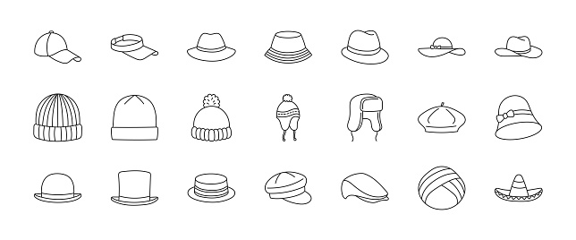 Hats doodle illustration including icons - vintage fedora, beanie, gentleman bowler, baseball cap, sun vizor, beret, cowboy, bucket, summer panama. Thin line art about clothes. Editable Stroke.