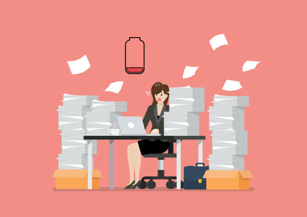 Low battery woman sitting at table with laptop and pile of papers in office Low battery woman sitting at table with laptop and pile of papers in office. Burn out concept. Vector illustration tired woman coffee stock illustrations